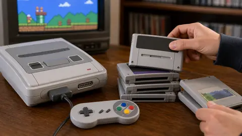 Console Super Nintendo (SNES) system with Super Mario World en cartouche