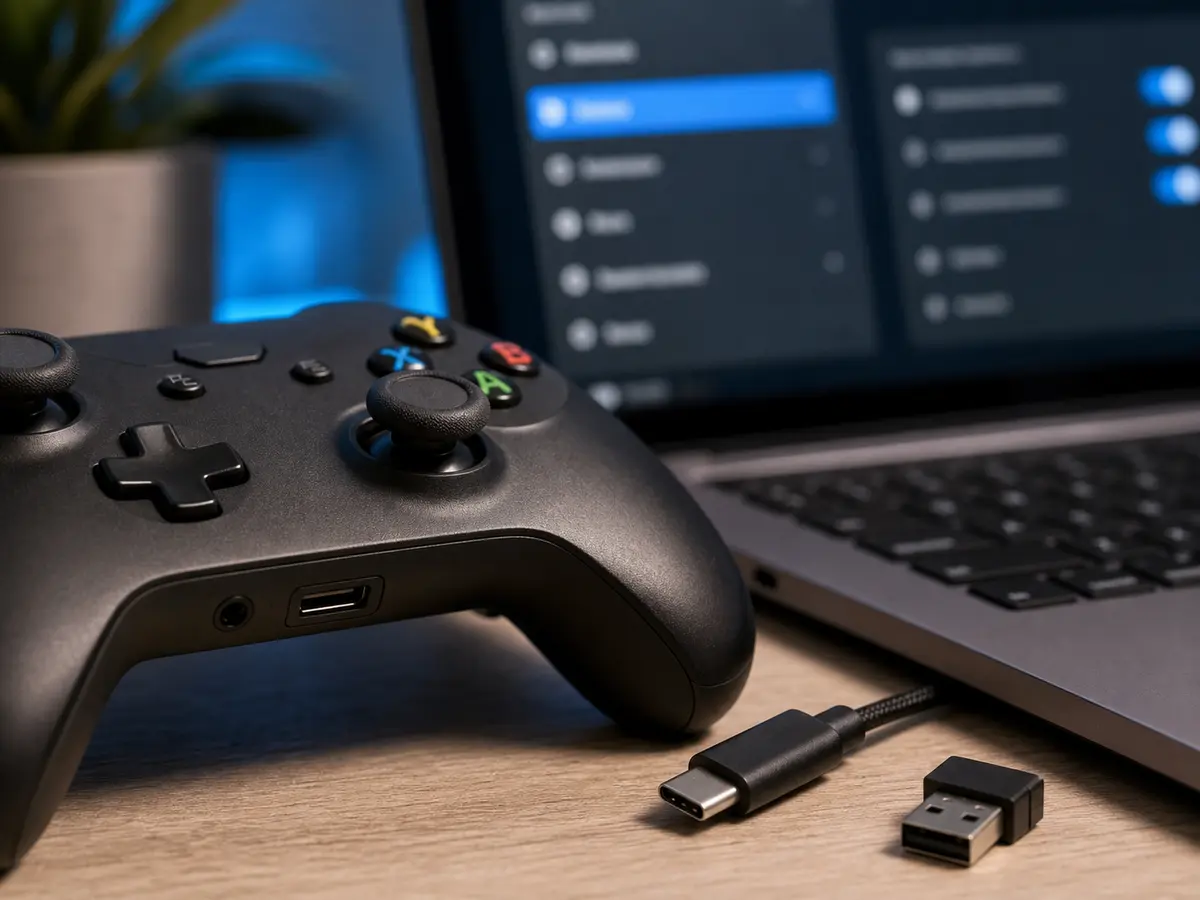 Manette Bluetooth et adaptateur USB sur un bureau de dépannage PC