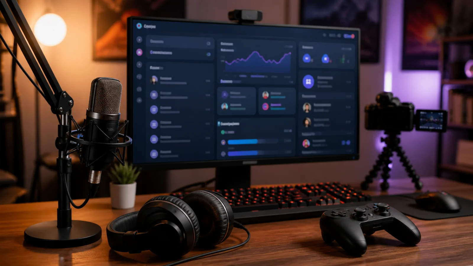 setup de streaming geek avec micro casque manette et tableau de communaute abstrait