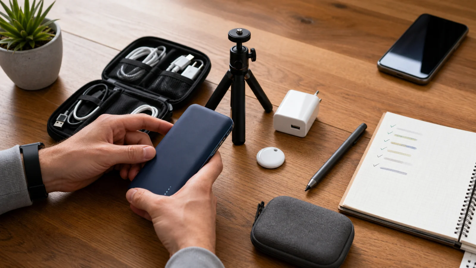 table de tri avec power bank cables chargeur stylet mini trepied et checklist abstraite