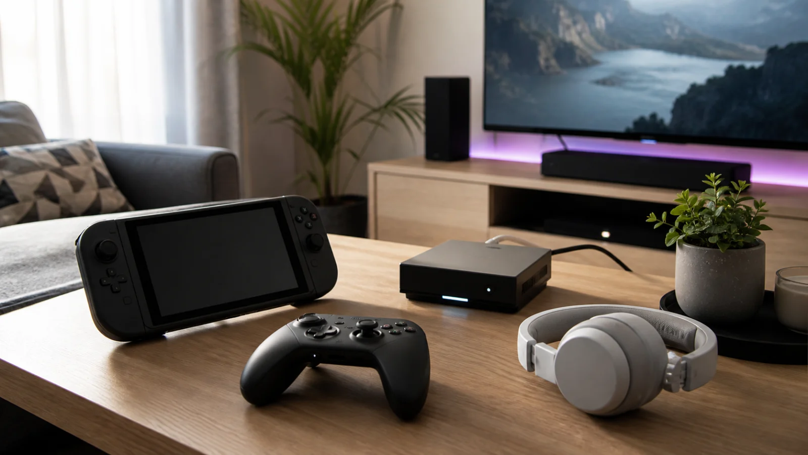 installation gaming hybride avec console portable manette casque et television