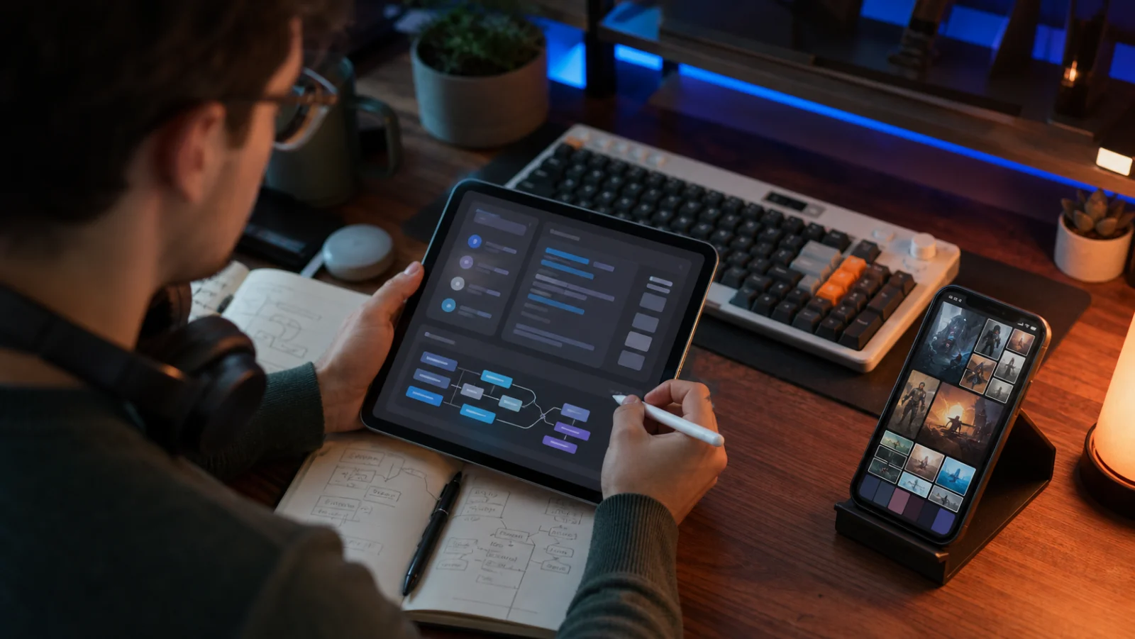 personne organisant des notes IA et un moodboard numerique sur tablette sans texte lisible
