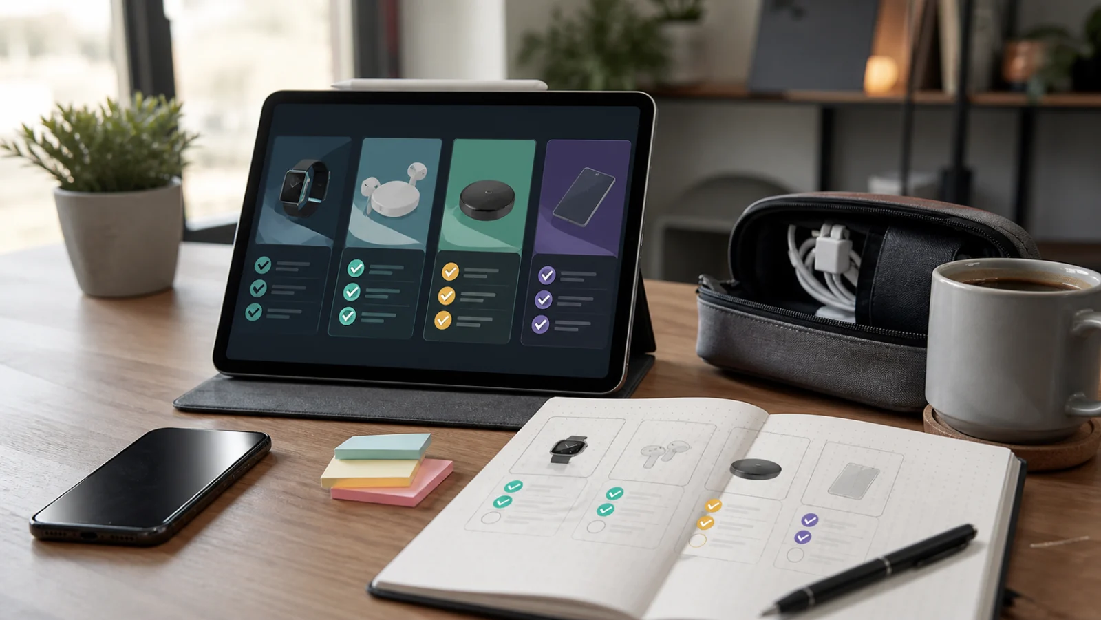 tablette et carnet servant a trier des tendances geek avec cartes abstraites et coches