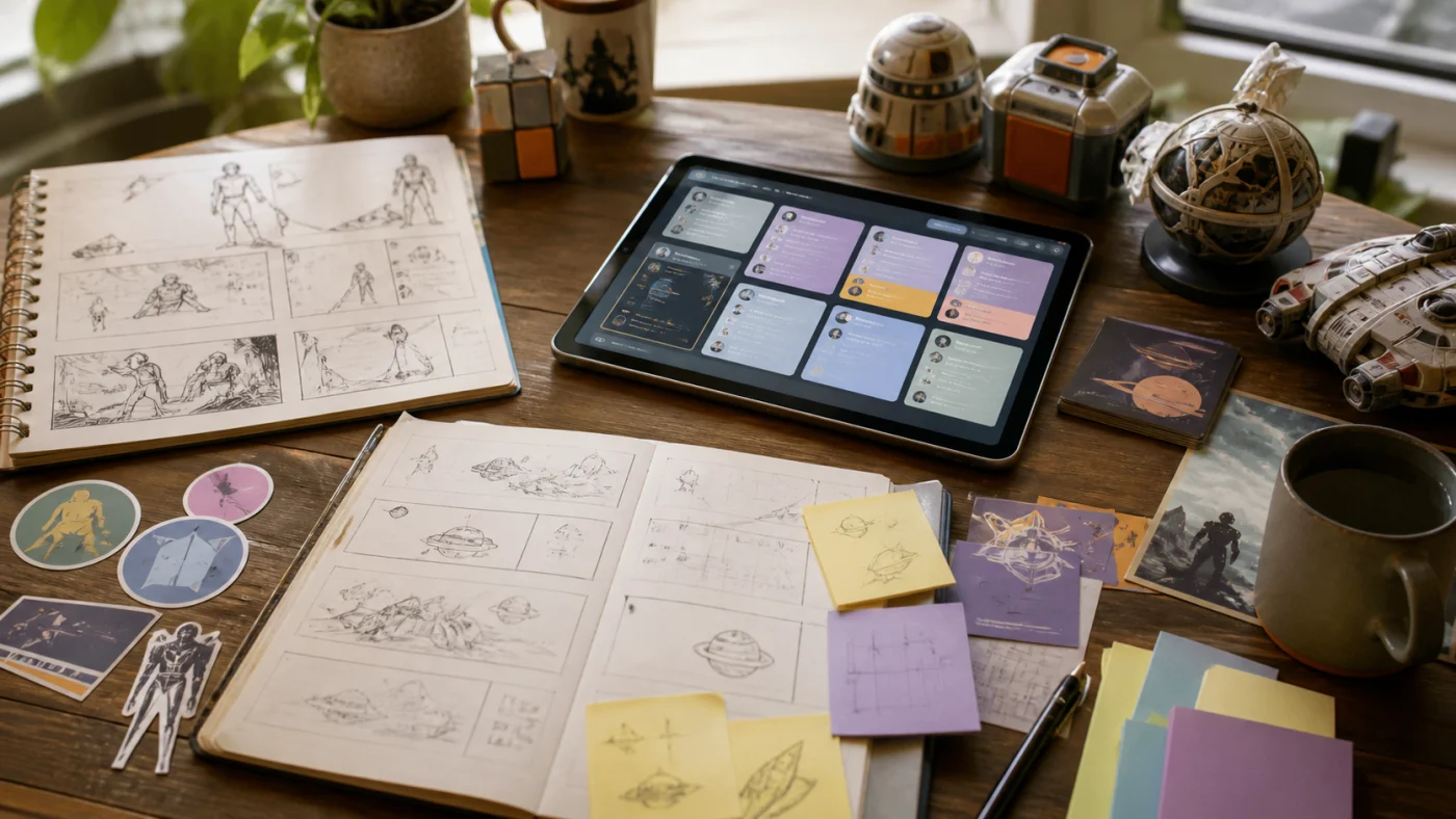 table de création fandom avec esquisses, tablette et objets de science-fiction génériques