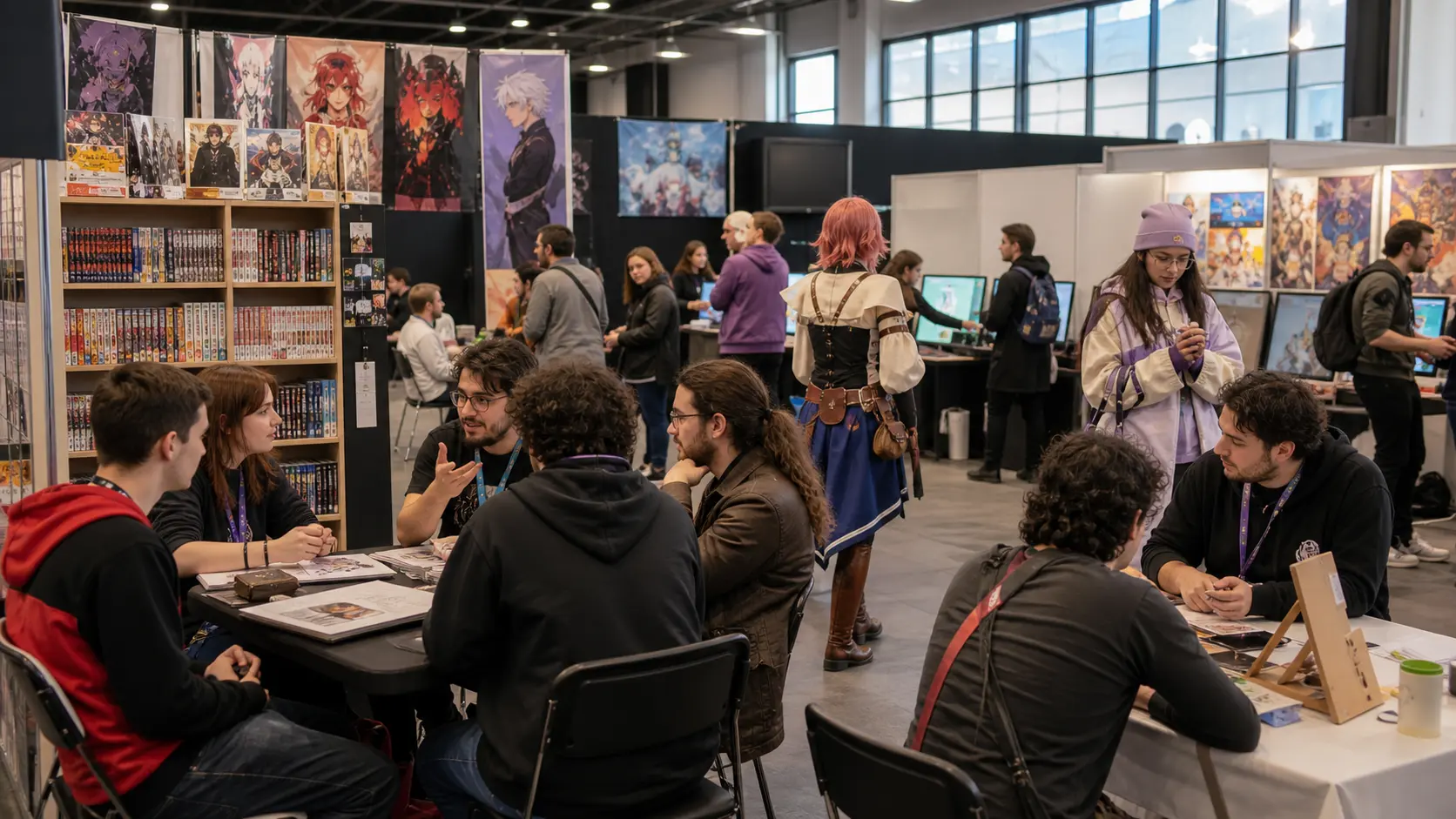 convention geek avec visiteurs stands manga jeux et discussions communautaires