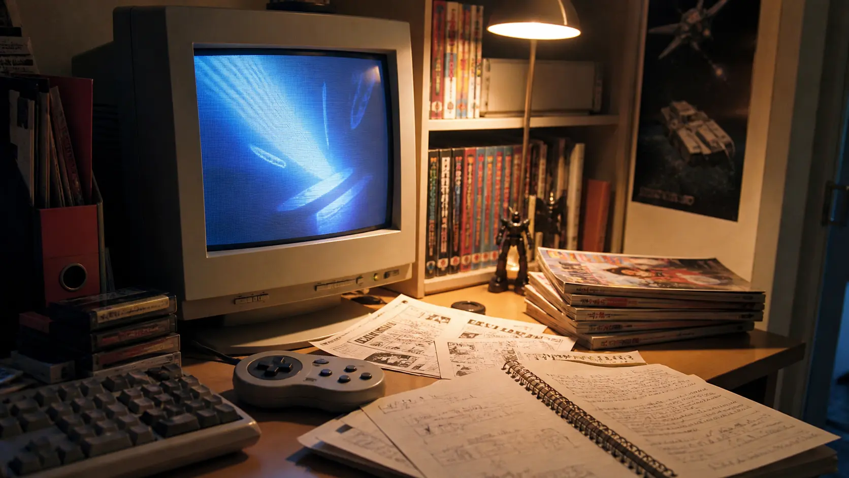 bureau nostalgique années 90 avec ordinateur ancien magazines manga et manette