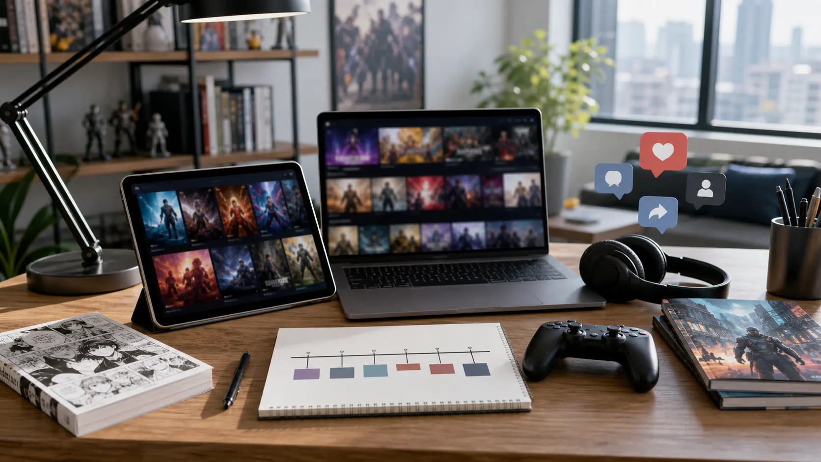 bureau moderne avec écrans streaming manga manette et signaux de communautés en ligne