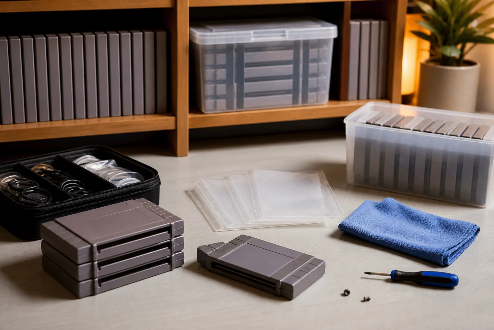 rangement et conservation de cartouches retro generiques avec pochettes cables et chiffon