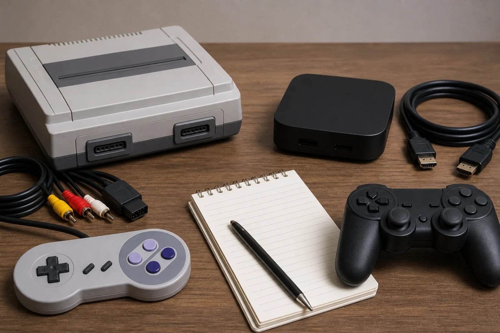 comparaison generique entre console retro cable video console mini moderne et manettes