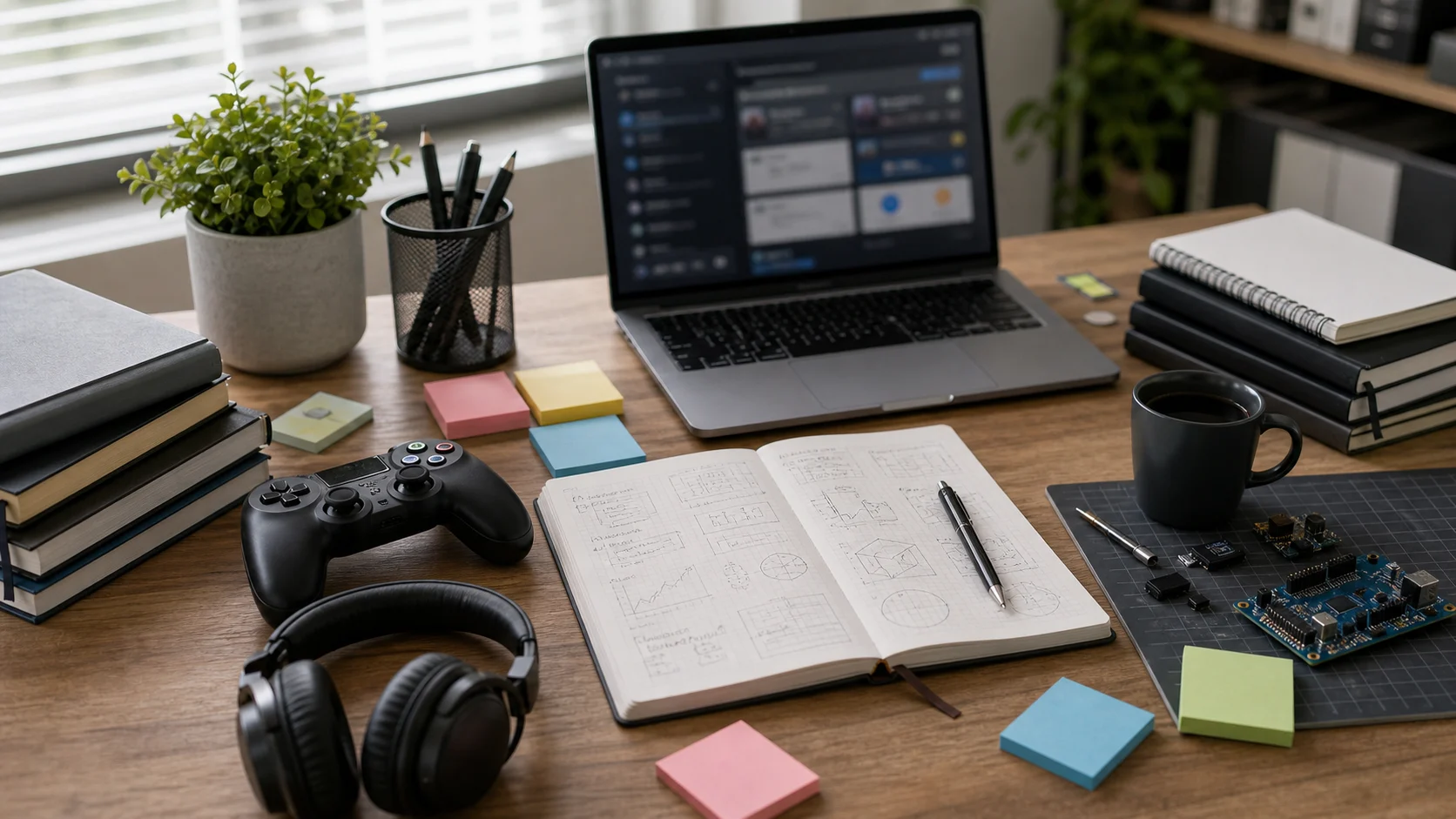 Bureau avec manette notes livres et composants tech
