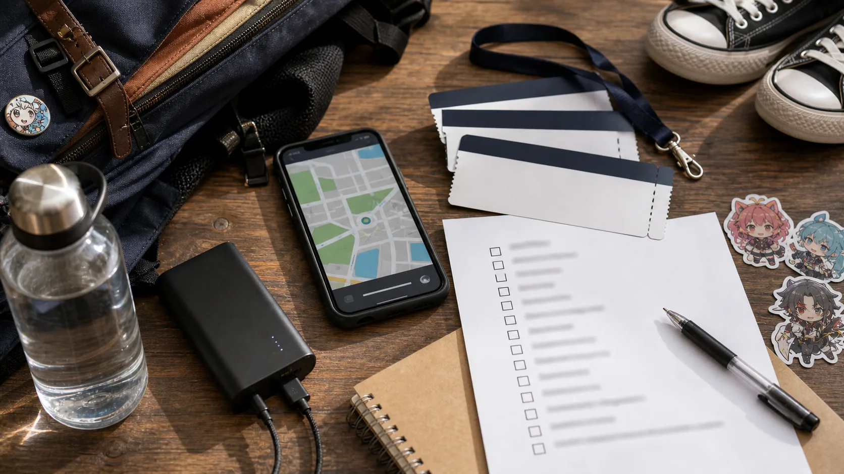 préparer sa visite en convention geek avec sac billet téléphone et batterie externe
