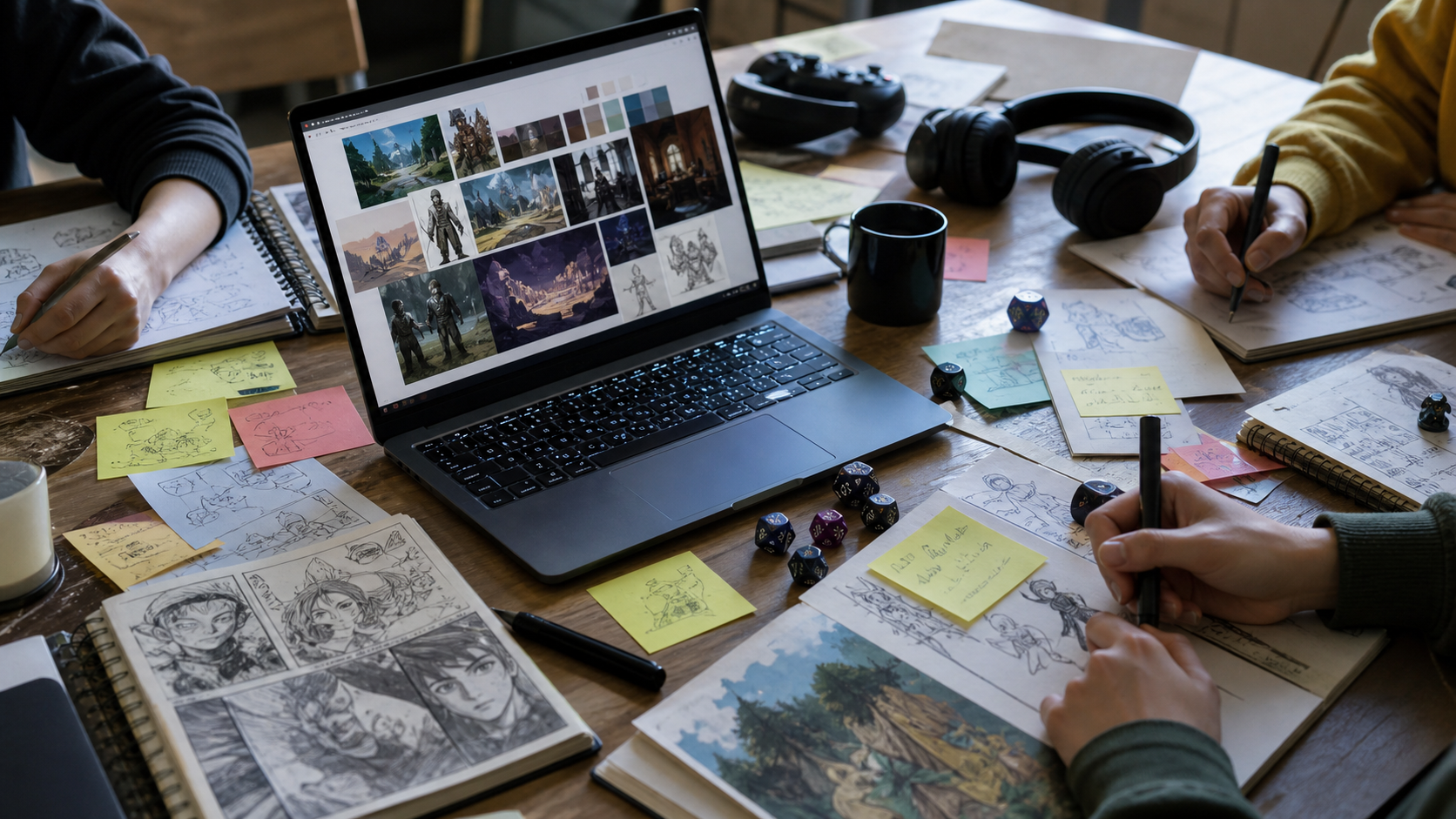 Table de création geek mêlant croquis, ordinateur et idées générées par IA