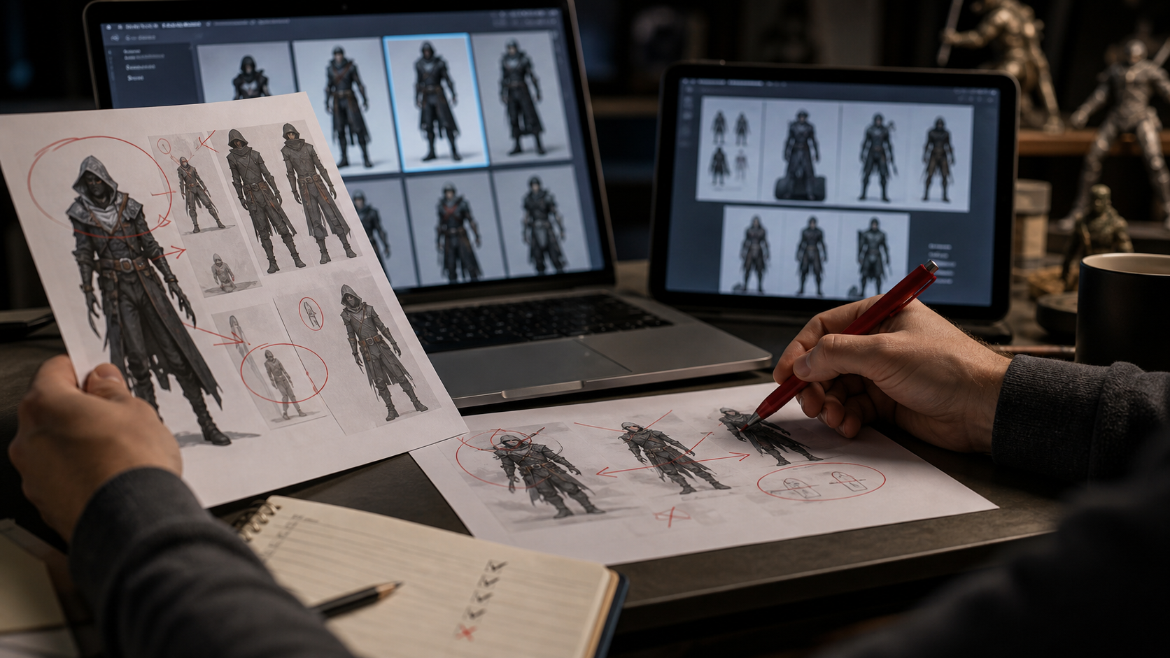 Relecture humaine de concepts visuels générés par IA sur un bureau créatif