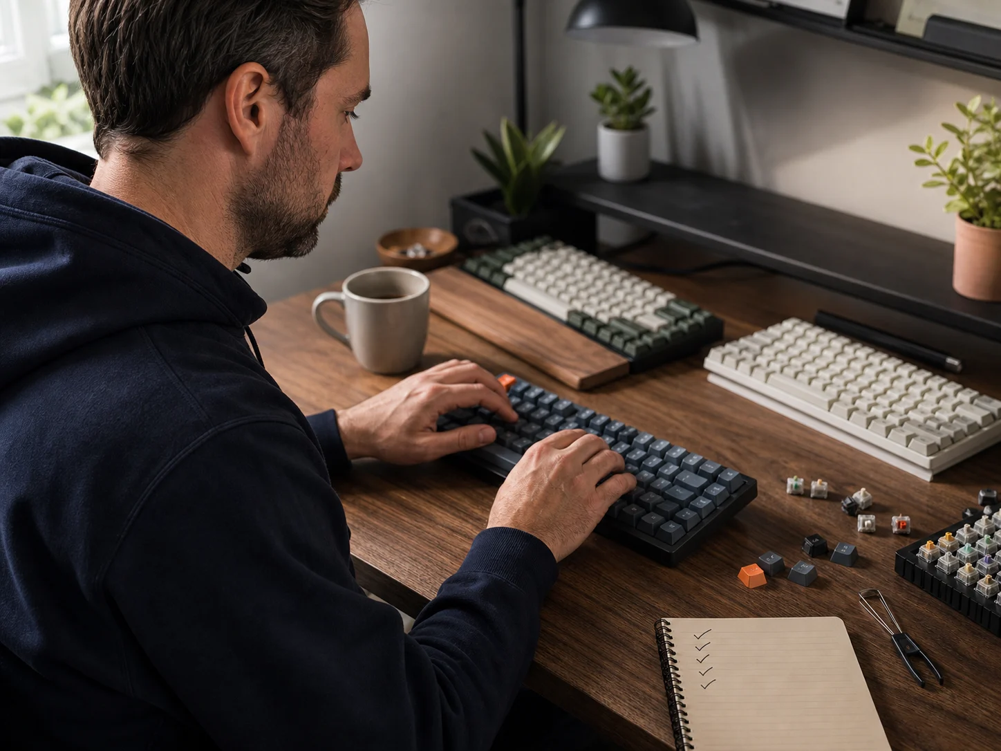 Utilisateur testant le bruit et la sensation de plusieurs switches de clavier mécanique