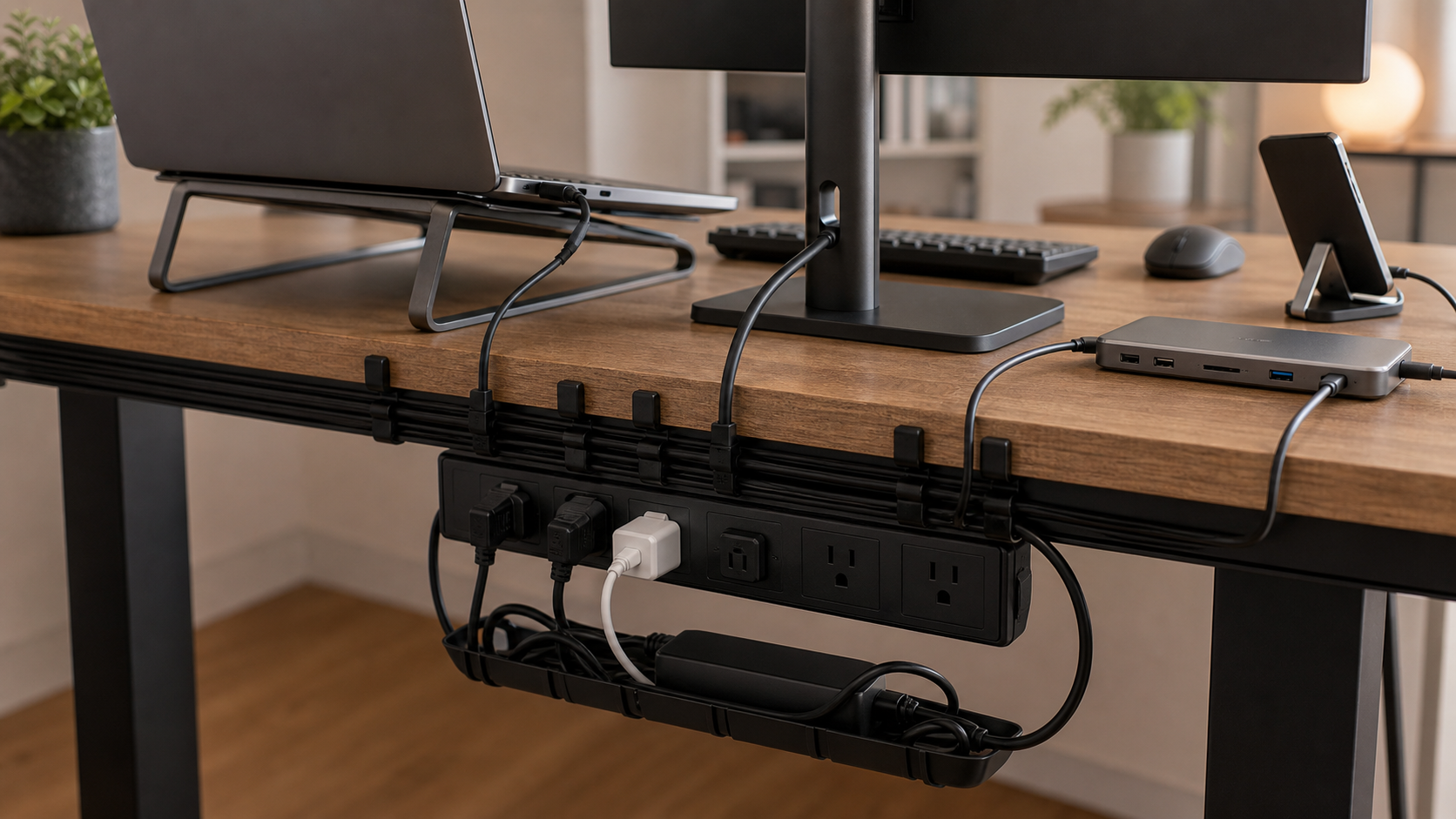 Gestion des câbles et alimentation accessible sous un bureau geek