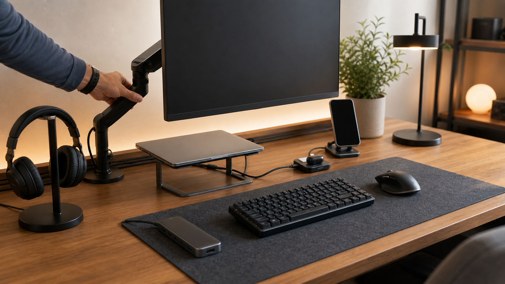 Accessoires pratiques d'un setup geek avec écran, casque, clavier, souris et hub USB-C