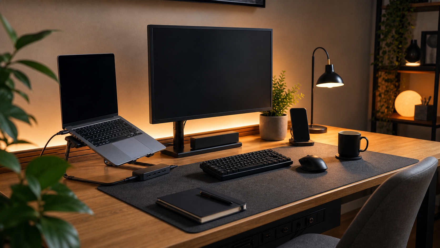 Setup geek sobre avec éclairage indirect et bureau dégagé