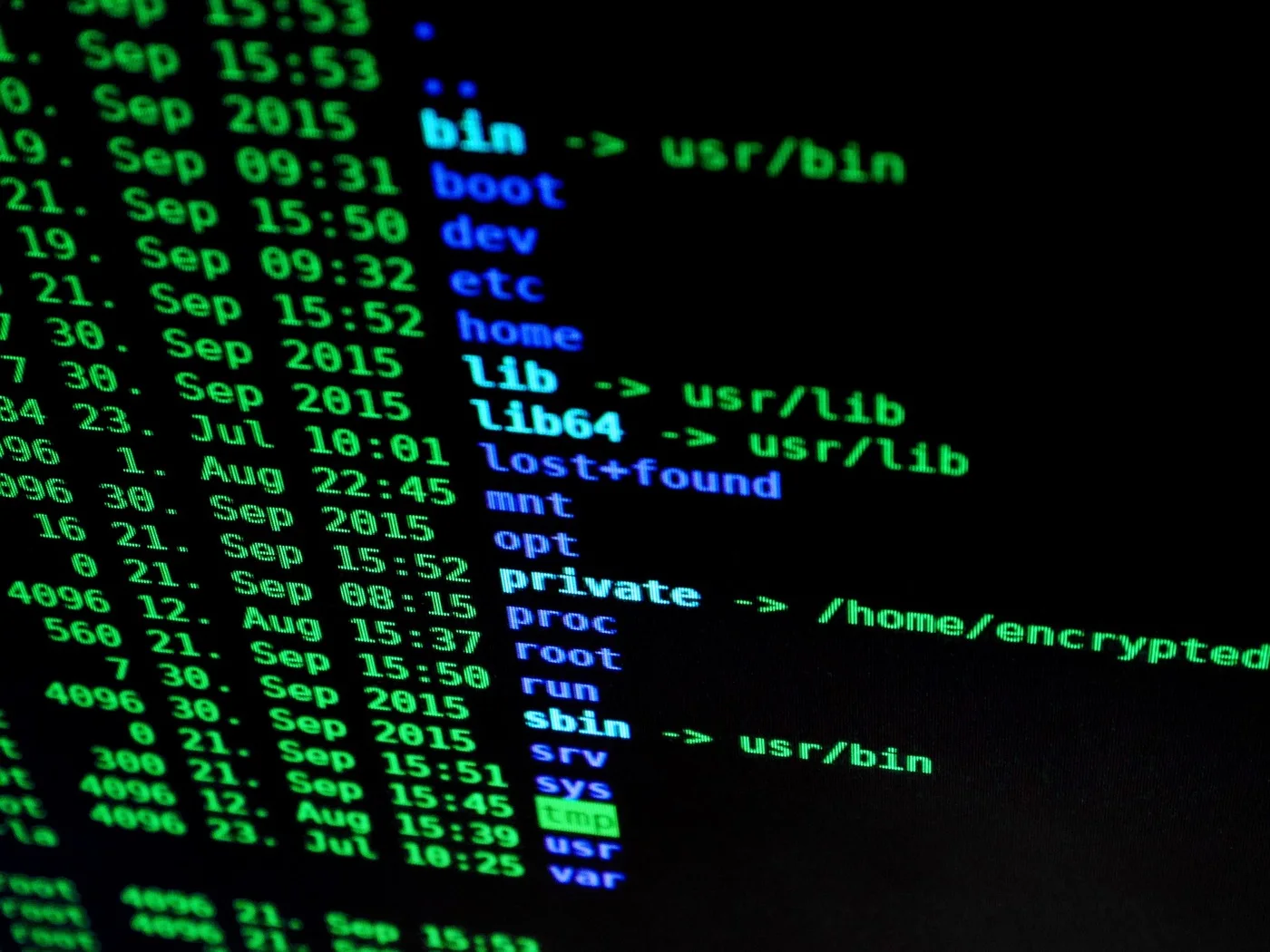 Écran de terminal Linux avec dossiers système et commandes de navigation