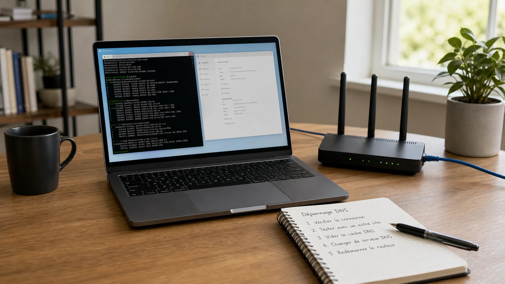 Poste de dépannage DNS avec ordinateur et routeur