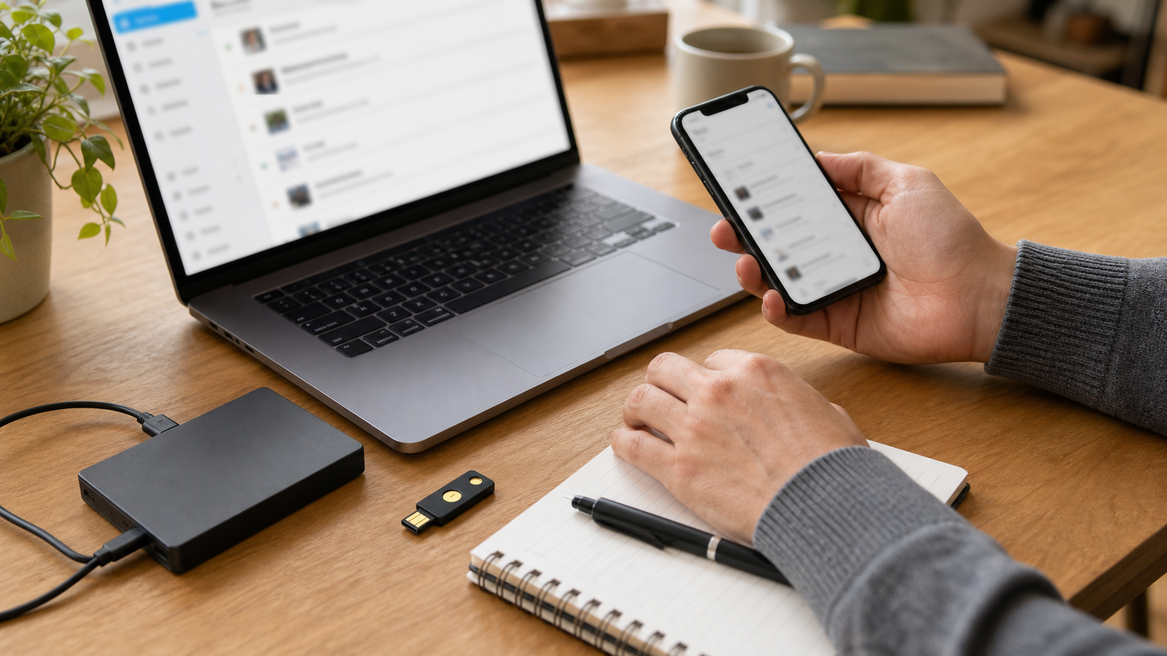 Ordinateur smartphone clé de sécurité et disque externe pour organiser un coffre de mots de passe