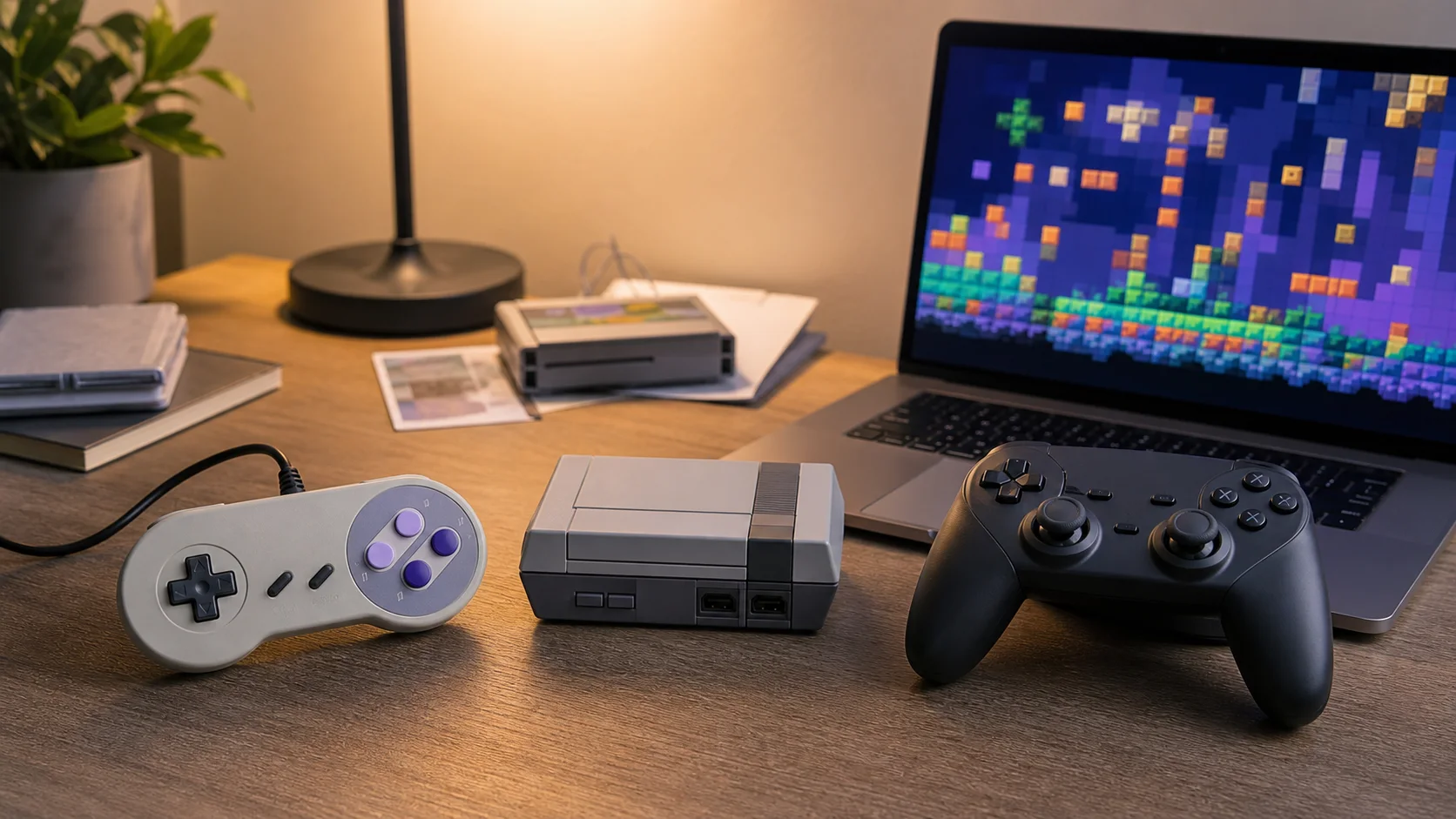 Manettes rétro et moderne autour d’une petite console de jeu générique