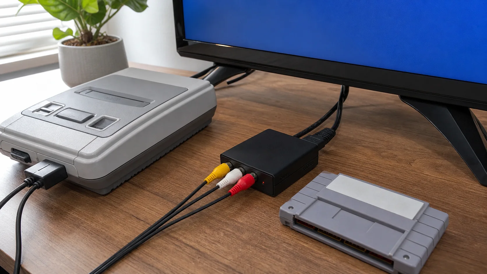 Console rétro générique connectée à un écran moderne avec un boîtier HDMI