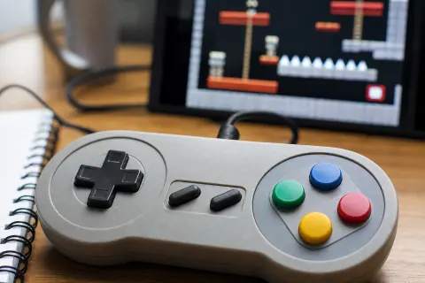 Gros plan sur une manette rétro générique devant un écran de jeu abstrait