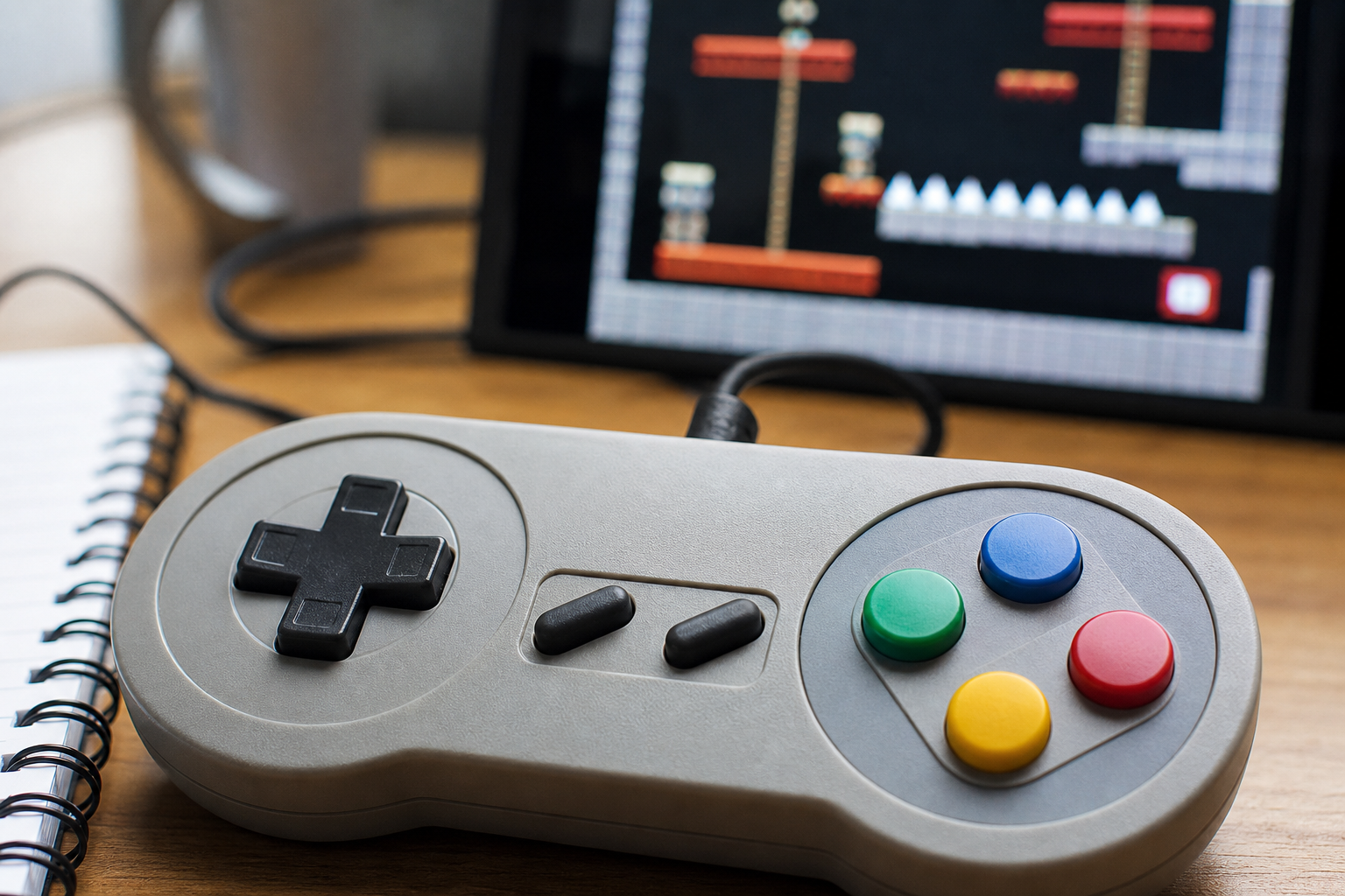 Gros plan sur une manette rétro générique devant un écran de jeu abstrait