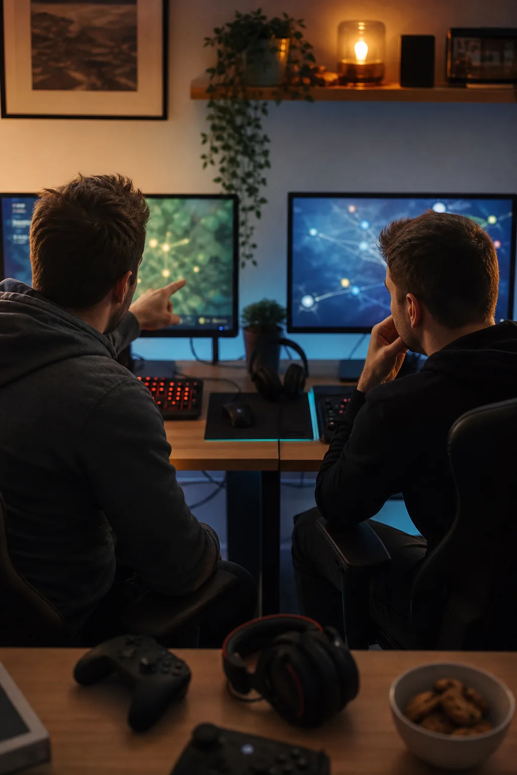 Deux espaces de jeu PC préparés pour une session coopérative