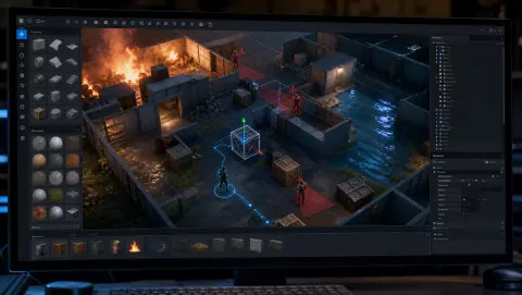Scène de jeu systémique avec objets physiques et interactions multiples