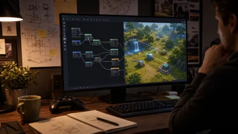 Écran de game design montrant des systèmes reliés à une scène sandbox
