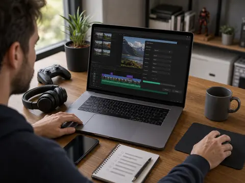 Passionné tech testant un éditeur vidéo moderne sur ordinateur portable