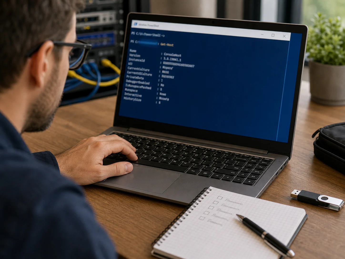 Technicien vérifiant la version PowerShell sur un ordinateur Windows