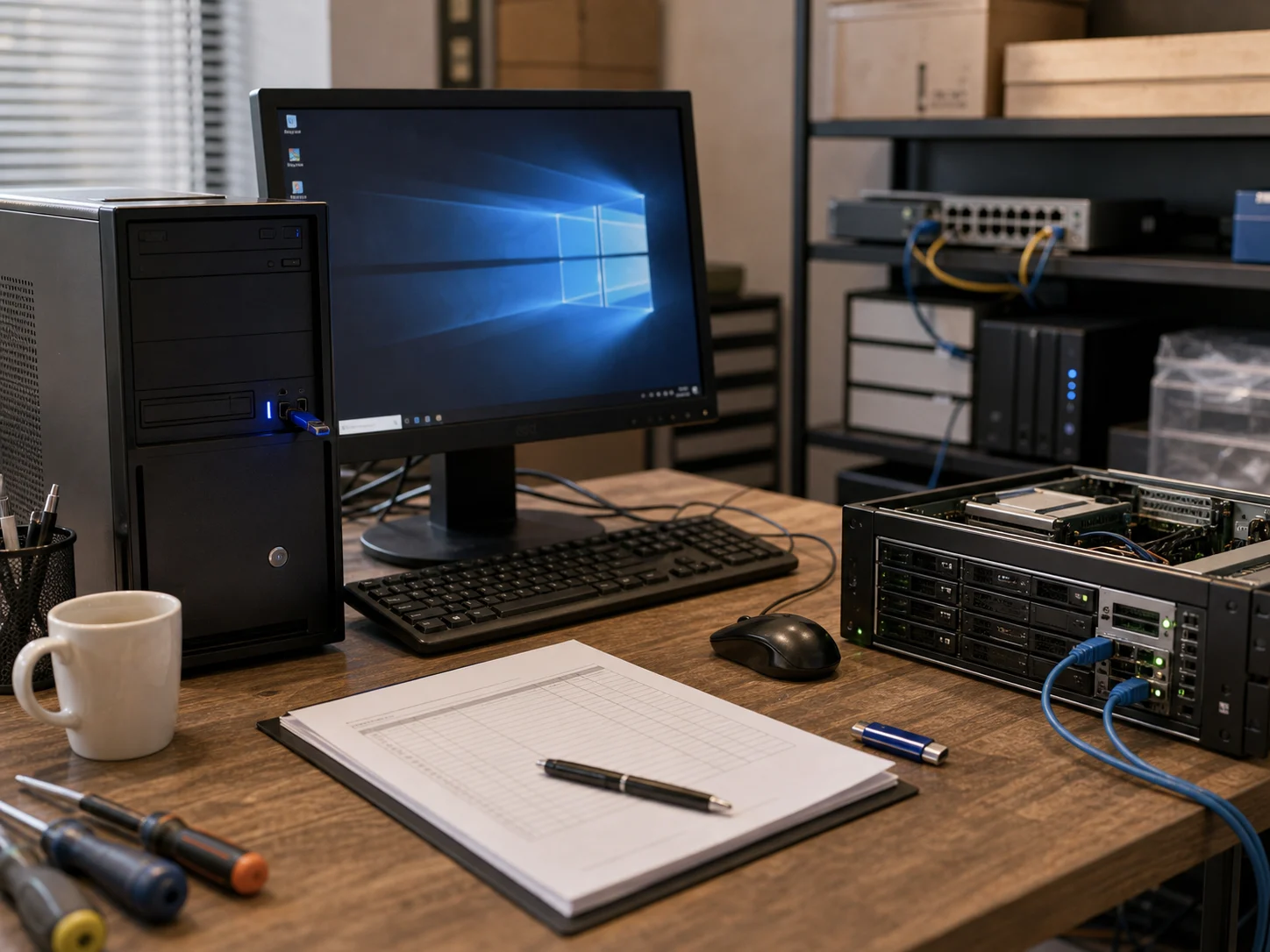Ancien poste Windows et petit serveur préparés pour une mise à jour d’administration