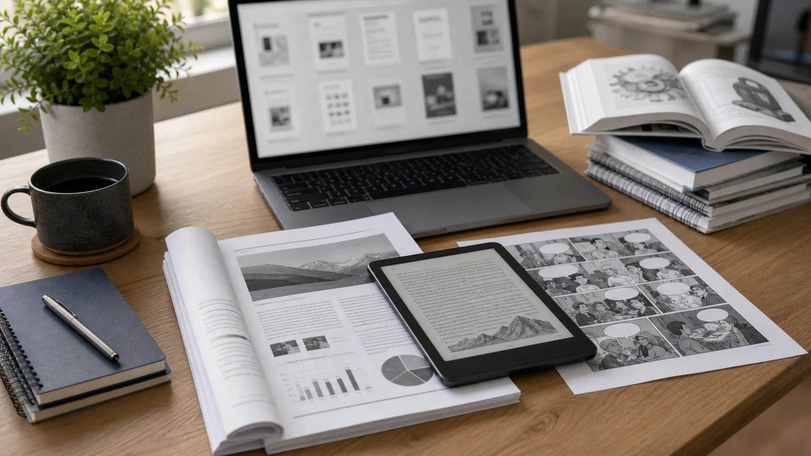 Bureau avec documents PDF, liseuse et bibliothèque de fichiers floutée