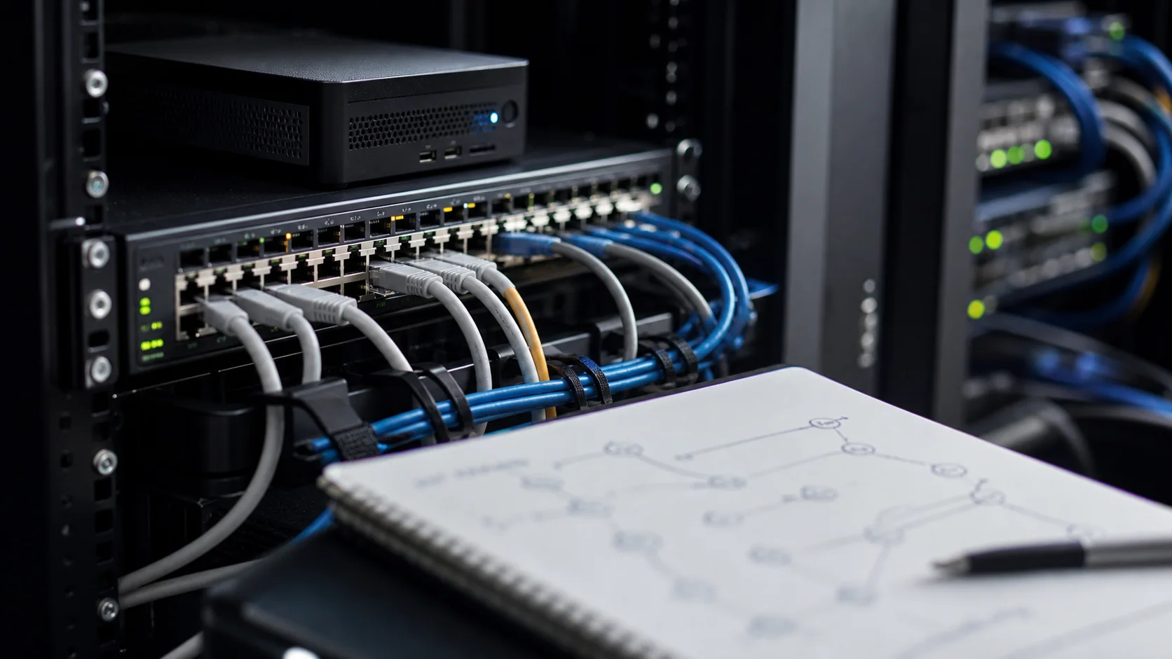 Rack réseau et câbles Ethernet utilisés pour illustrer un diagnostic de chemin