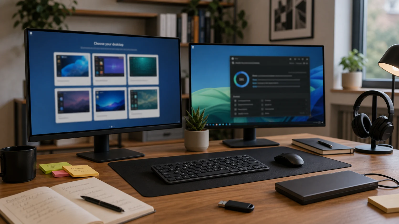 Poste de travail avec écrans Linux et choix d’environnements de bureau
