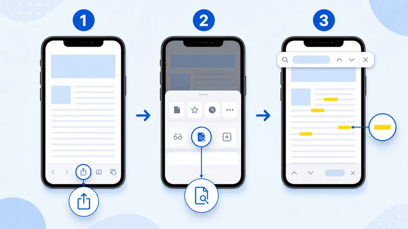 Schéma mobile montrant les étapes pour rechercher un mot dans une page iPhone
