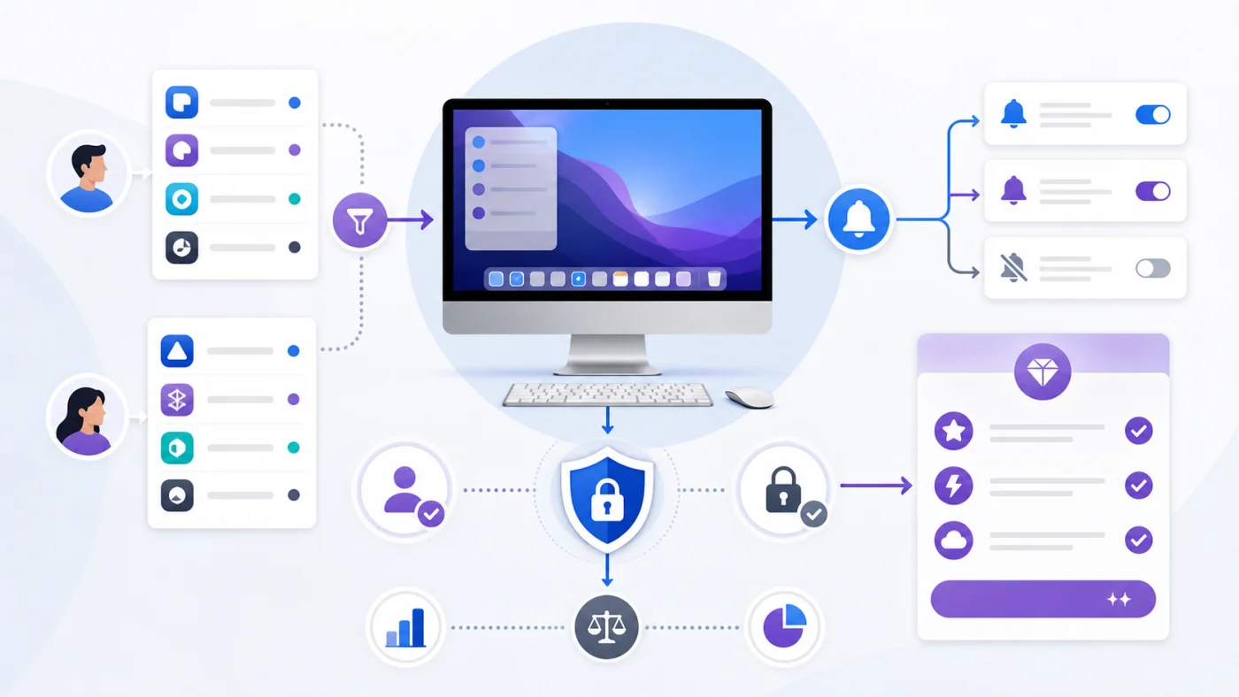 Schéma de décision pour une application Mac qui centralise comptes, notifications et sécurité