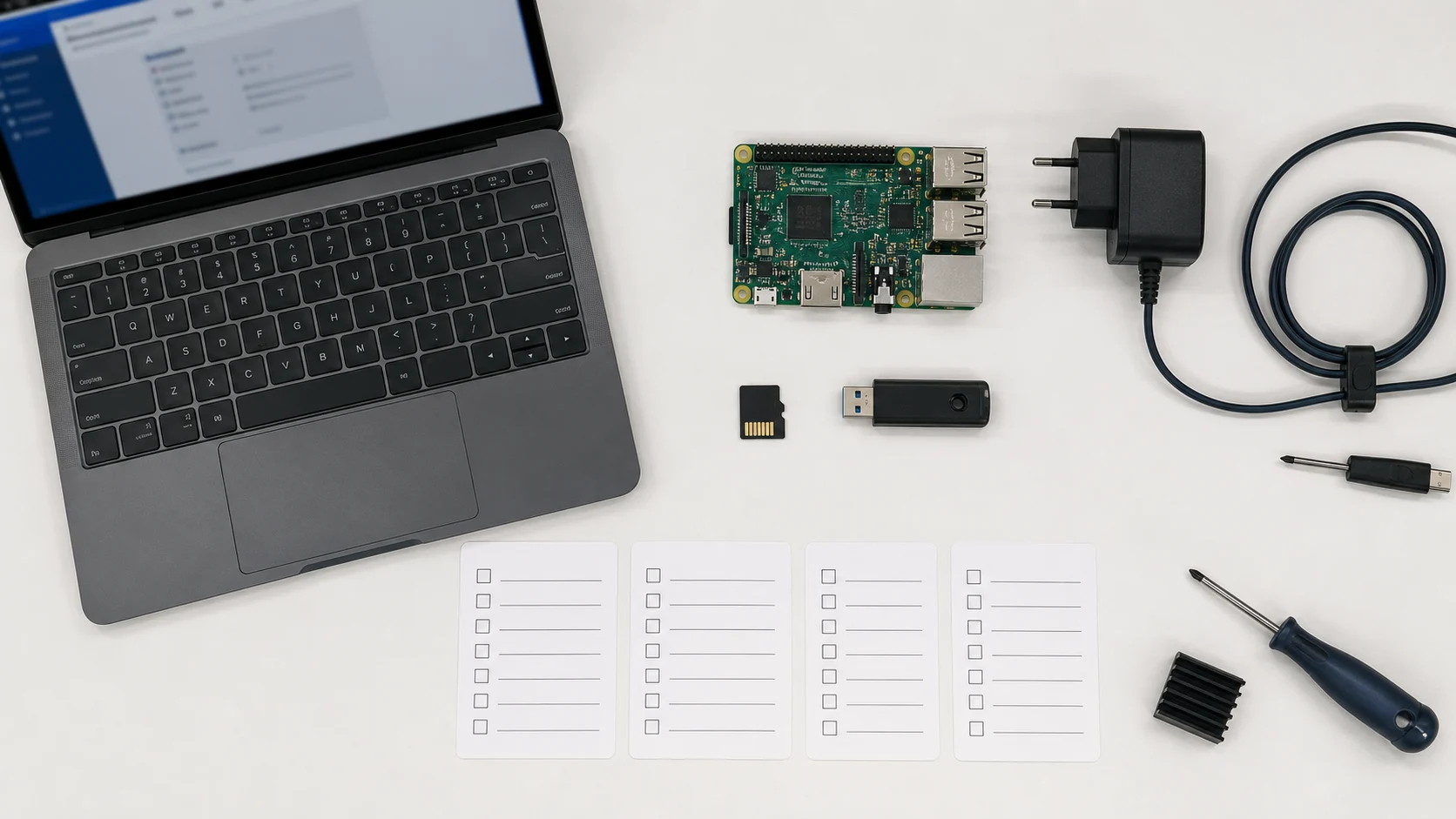 Matériel Raspberry Pi avec microSD clé USB alimentation et checklist de compatibilité