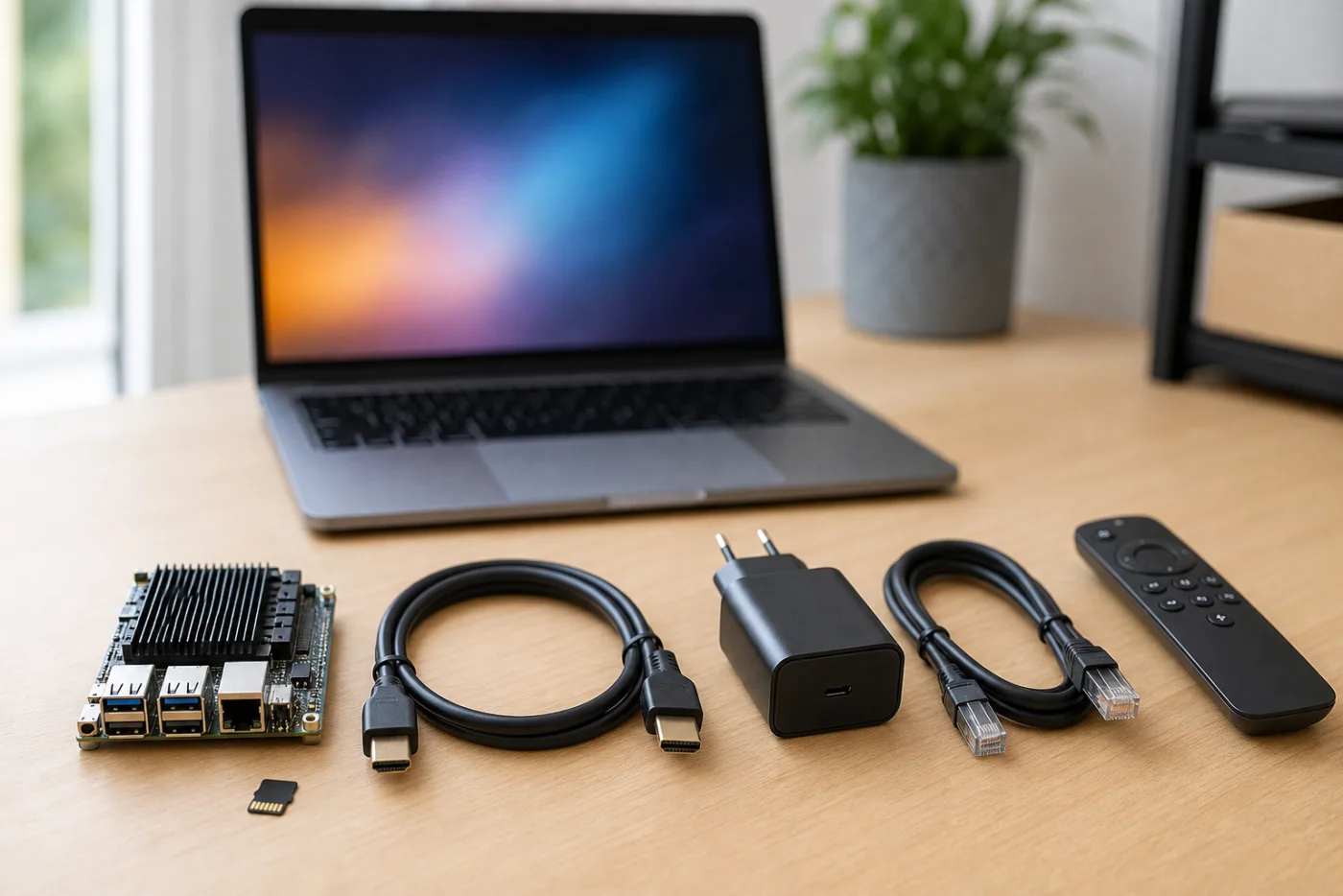 Carte microSD, câble HDMI, Ethernet et mini-ordinateur prêts pour un media center