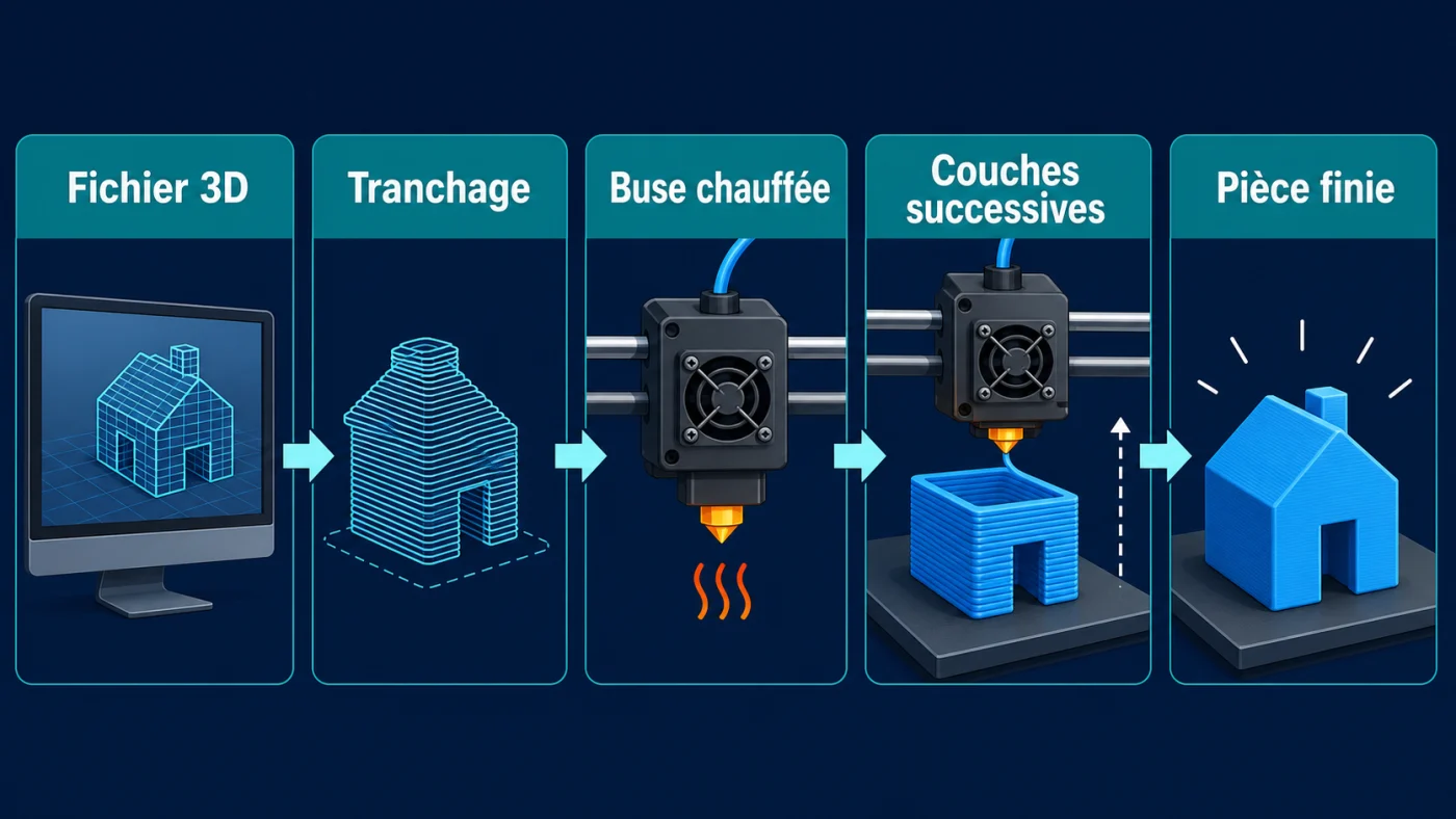 Infographie expliquant les étapes fichier 3D, tranchage, buse chauffée et couches successives