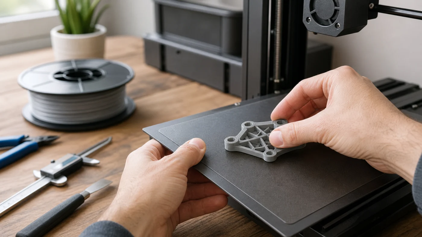 Pièce imprimée en 3D retirée prudemment du plateau après impression