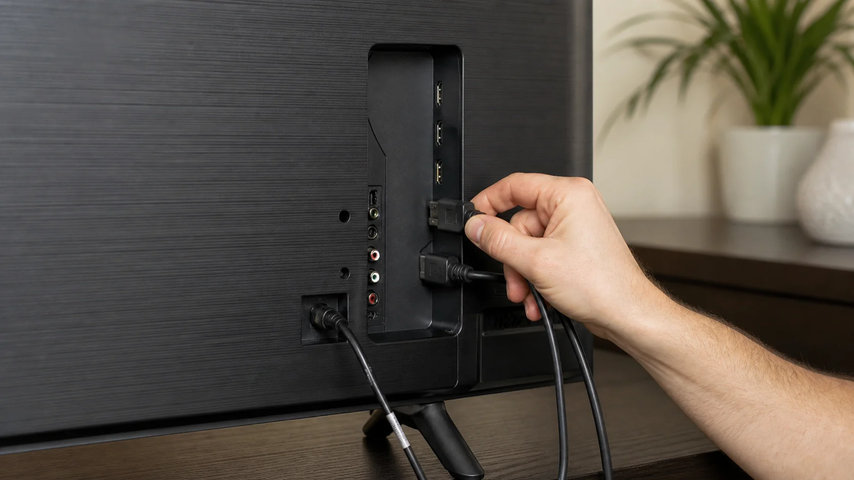 Vérification externe des câbles HDMI derrière une télévision