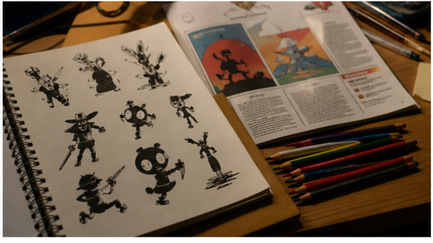 Carnet de croquis avec silhouettes de personnages animés originaux et crayons de couleur