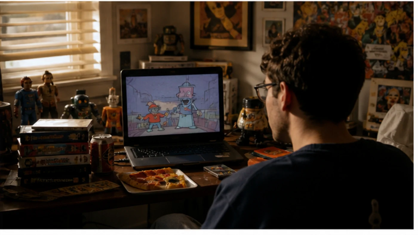 Adulte revoyant un dessin animé rétro générique sur ordinateur avec objets nostalgiques