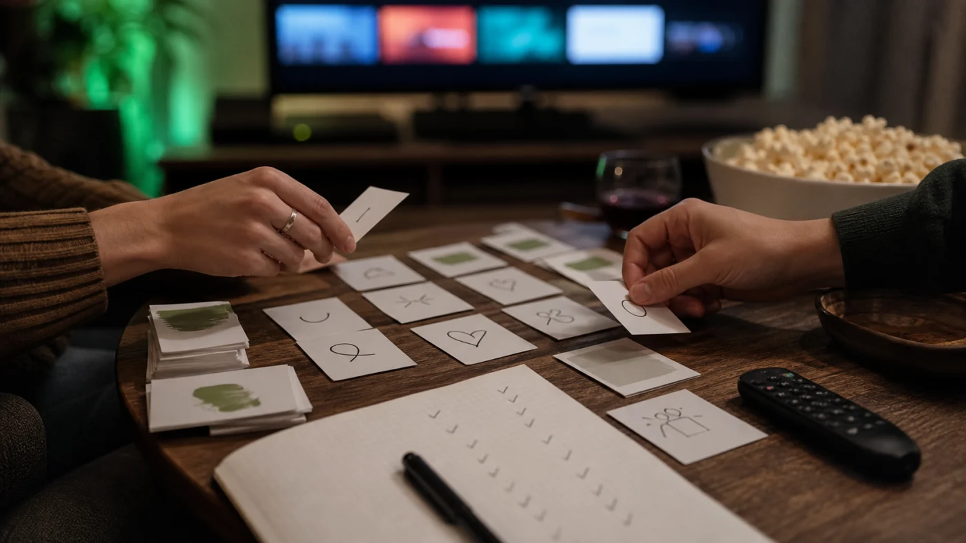 Cartes de choix de films posées sur une table pendant une soirée cinéma.
