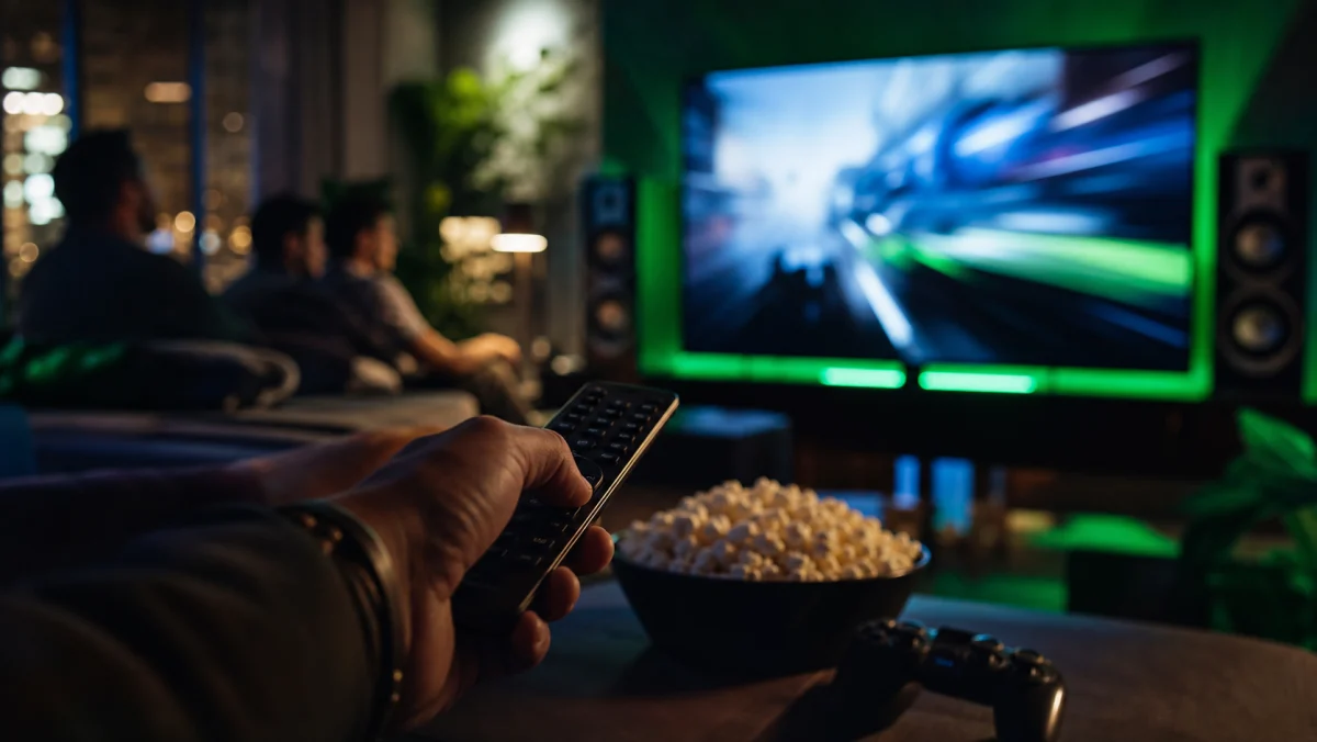Télécommande et salon prêts pour une soirée film d’action.