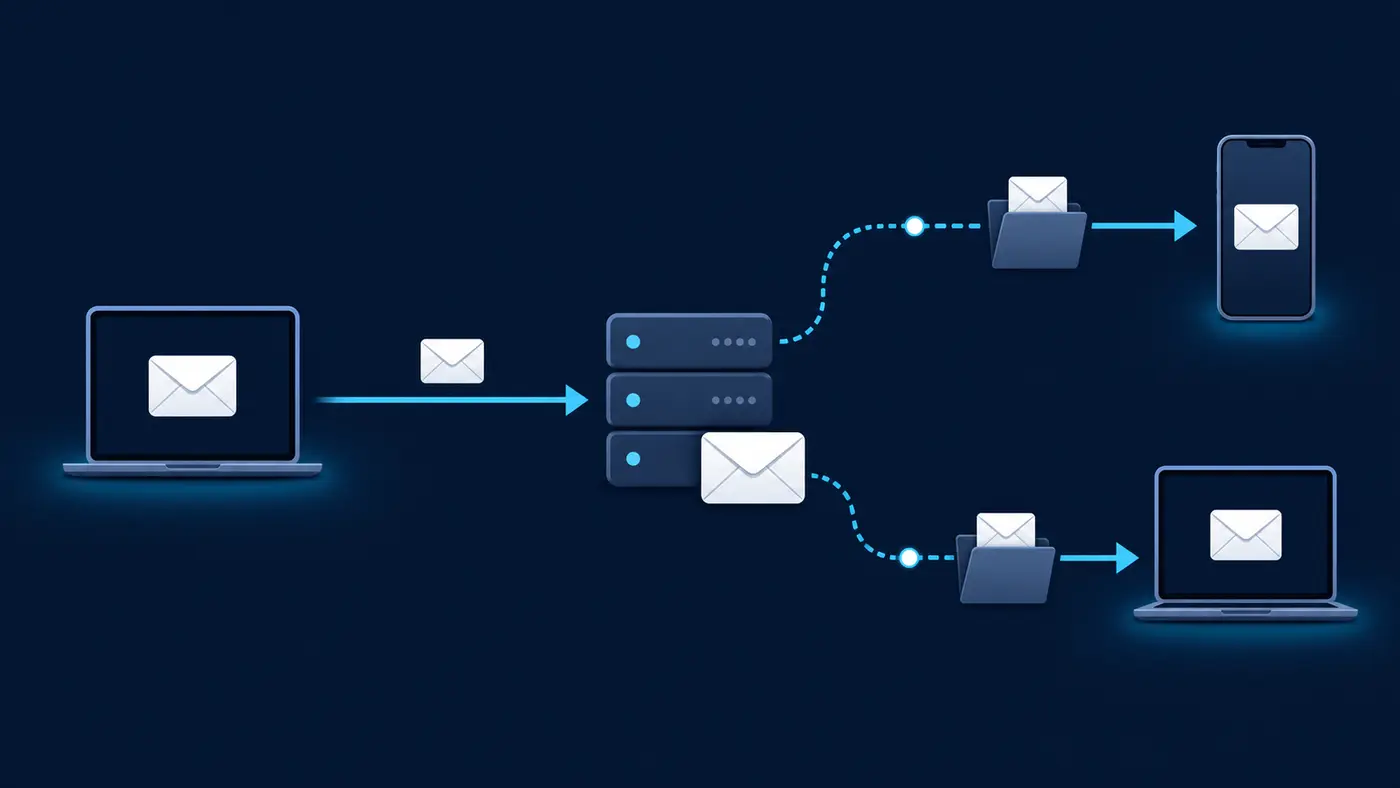 Schéma abstrait des flux entre client mail, serveurs et appareils