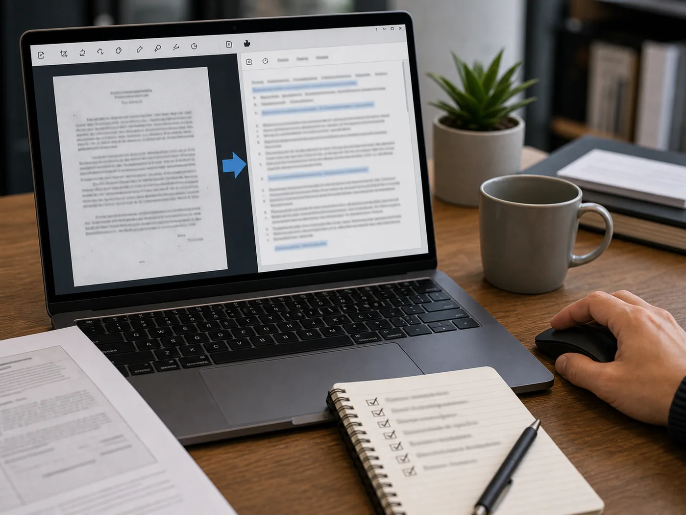 ordinateur qui convertit un document scanné en texte modifiable par OCR